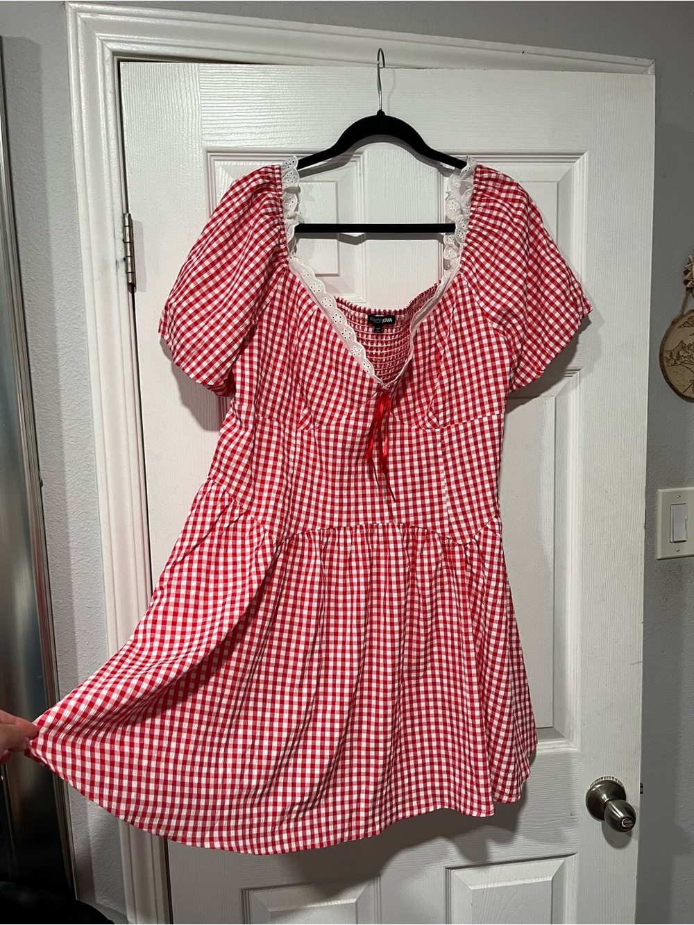 Red Gingham Lace-Trim Mini Dress - Picture 7 of 11